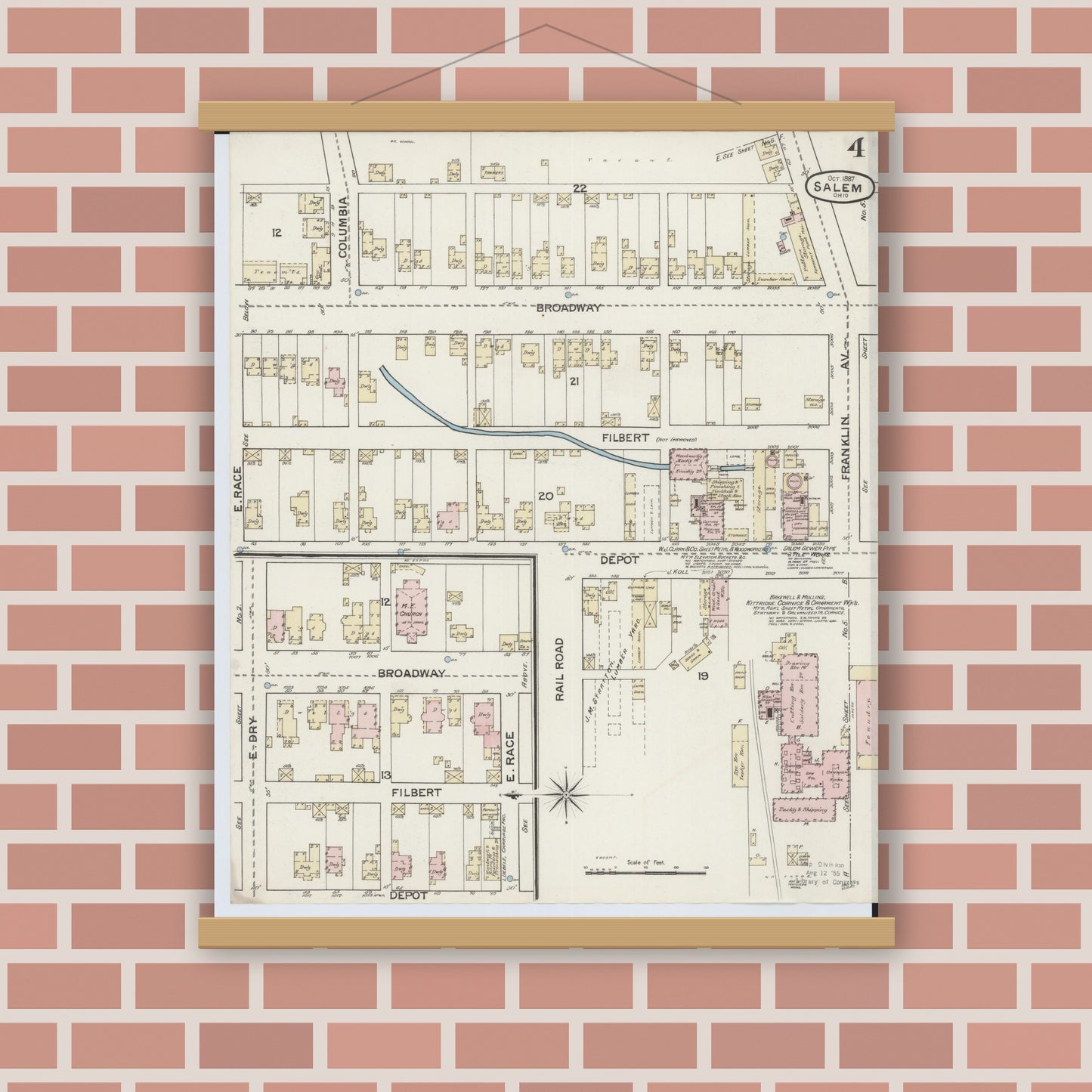 Old map wall art mockup — magnetic wood frame on brick wall — Sanborn Fire Insurance Map from Salem, Columbiana County, Ohio (1887), Sheet #0004