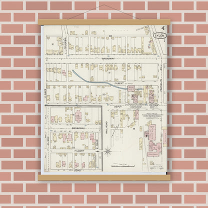 Old map wall art mockup — magnetic wood frame on brick wall — Sanborn Fire Insurance Map from Salem, Columbiana County, Ohio (1887), Sheet #0004