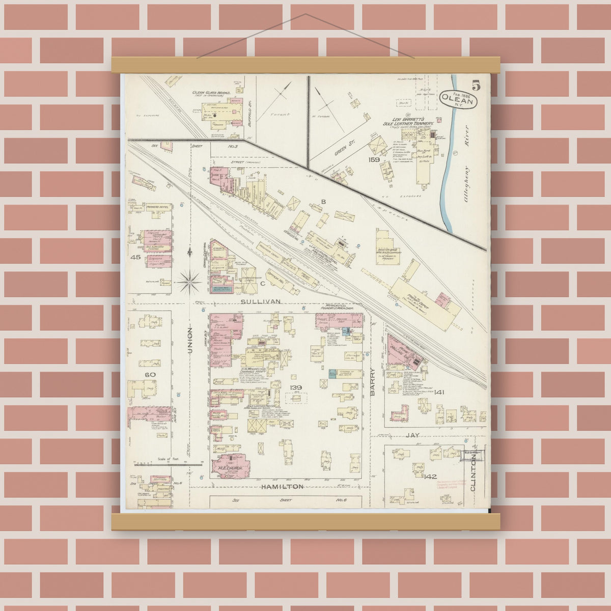 Old map wall art mockup — magnetic wood frame on brick wall — Sanborn Fire Insurance Map from Olean, Cattaraugus County, New York (1886), Sheet #0005