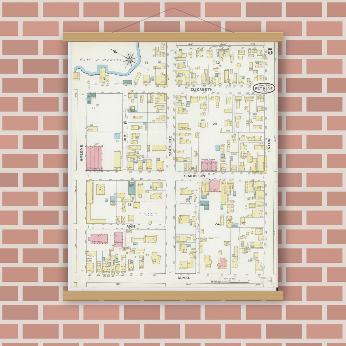 Old map wall art mockup — magnetic wood frame on brick wall — Sanborn Fire Insurance Map from Key West, Monroe County, Florida (1892), Sheet #0005