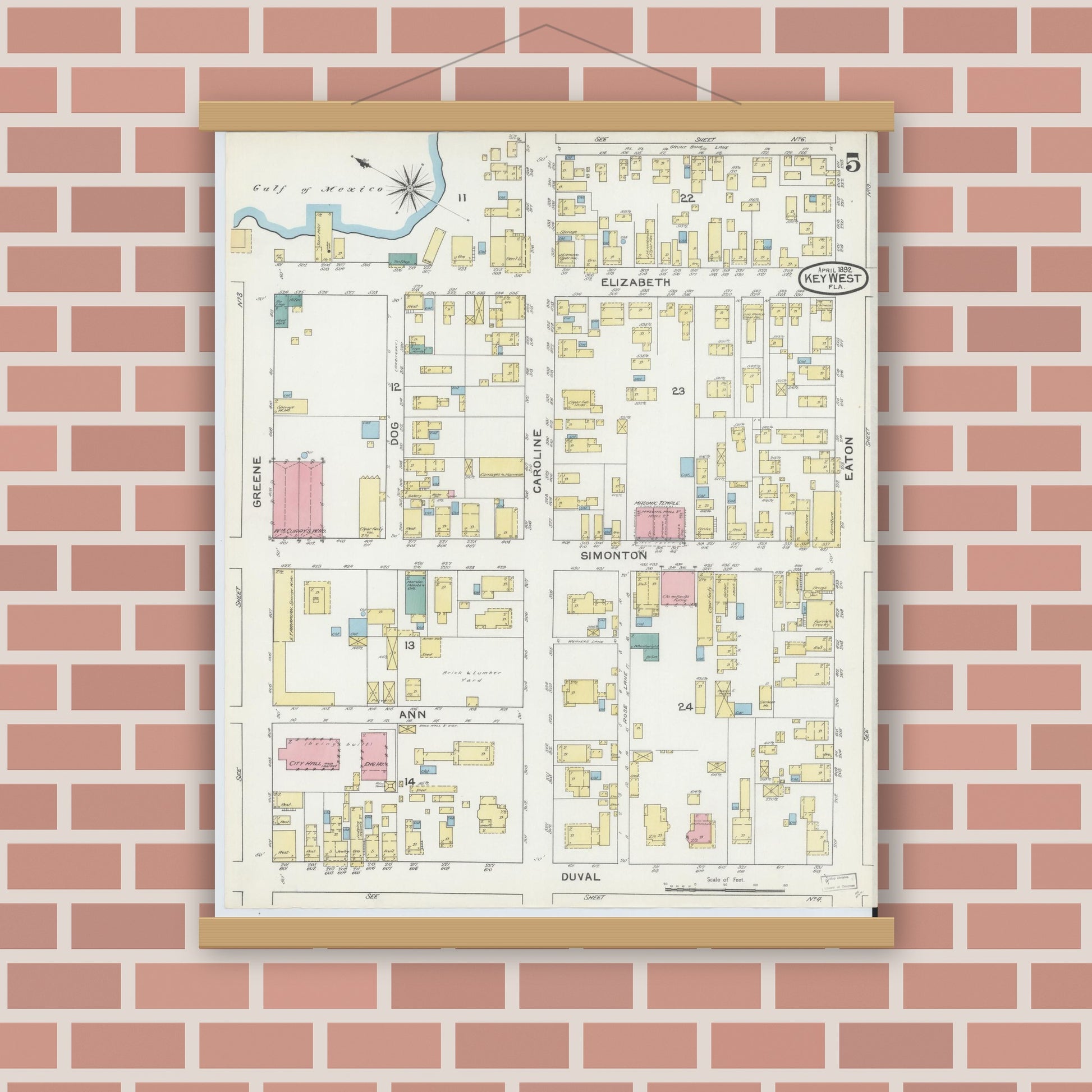 Old map wall art mockup — magnetic wood frame on brick wall — Sanborn Fire Insurance Map from Key West, Monroe County, Florida (1892), Sheet #0005