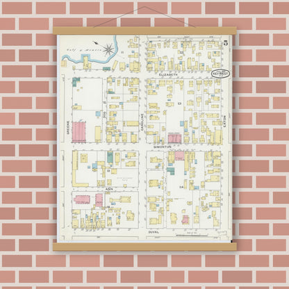 Old map wall art mockup — magnetic wood frame on brick wall — Sanborn Fire Insurance Map from Key West, Monroe County, Florida (1892), Sheet #0005