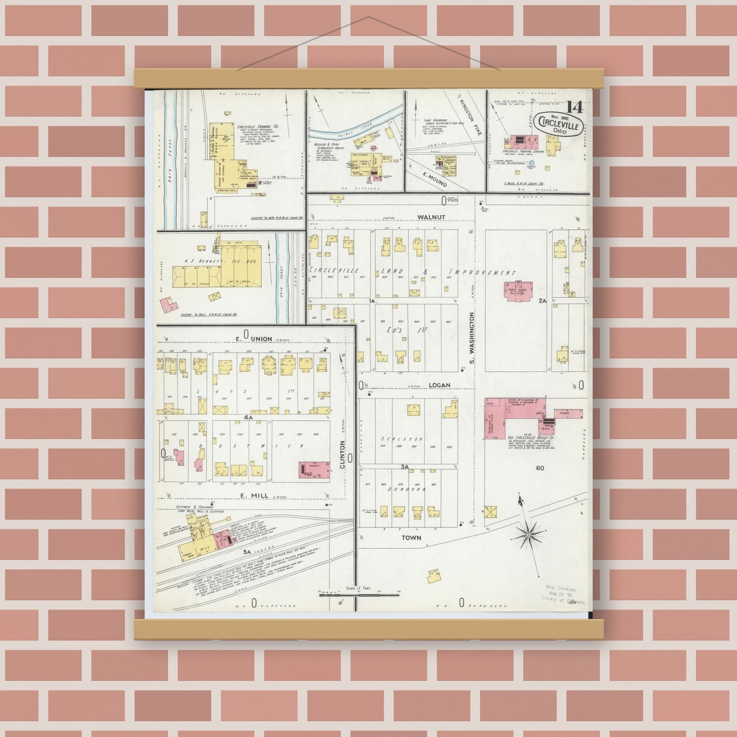 Old map wall art mockup — magnetic wood frame on brick wall — Sanborn Fire Insurance Map from Circleville, Pickaway County, Ohio (1899), Sheet #0014