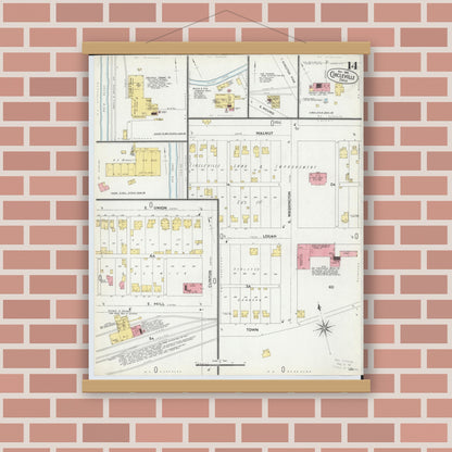 Old map wall art mockup — magnetic wood frame on brick wall — Sanborn Fire Insurance Map from Circleville, Pickaway County, Ohio (1899), Sheet #0014