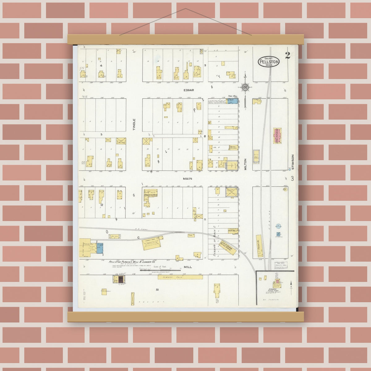 Old map wall art mockup — magnetic wood frame on brick wall — Sanborn Fire Insurance Map from Pellston, Emmet County, Michigan (1917), Sheet #0002