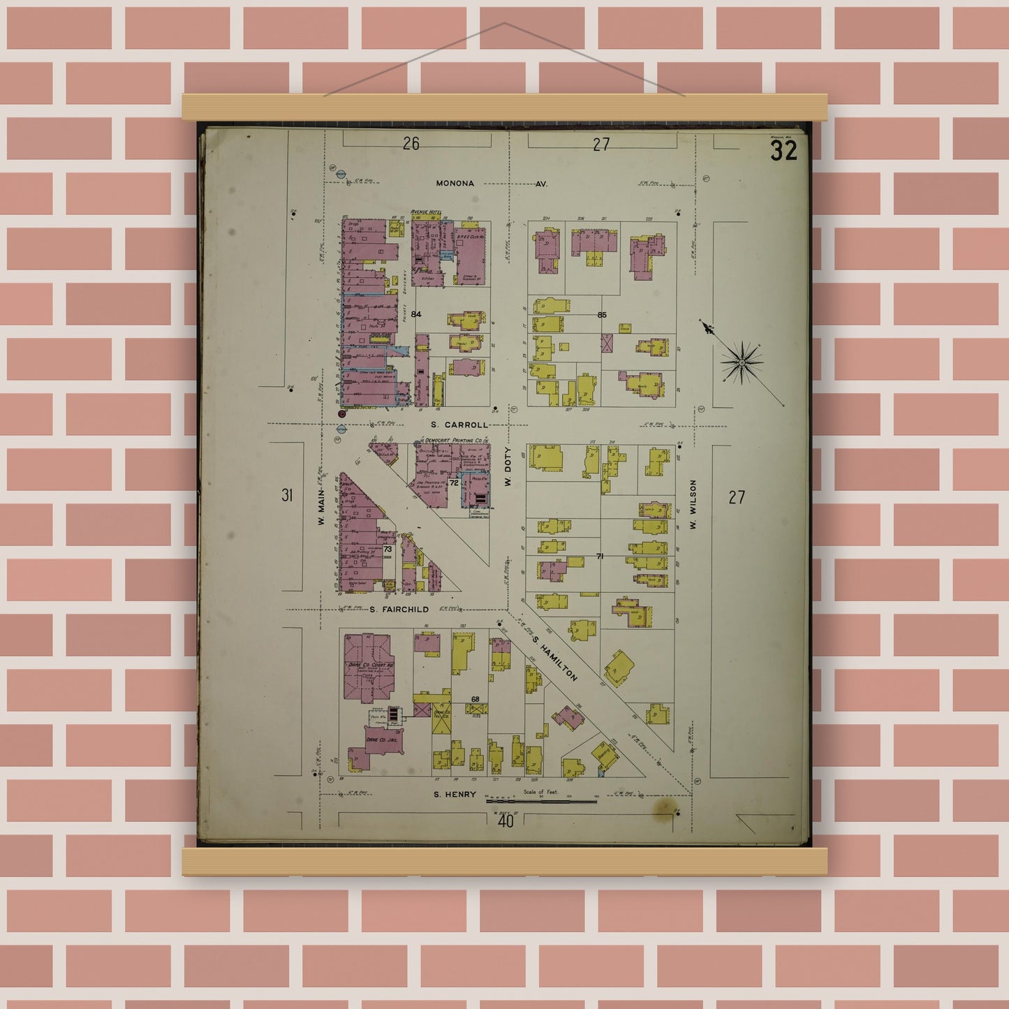 Old map wall art mockup — magnetic wood frame on brick wall — Sanborn Fire Insurance Map from Madison, Dane County, Wisconsin (1908), Sheet #0032