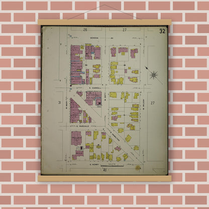 Old map wall art mockup — magnetic wood frame on brick wall — Sanborn Fire Insurance Map from Madison, Dane County, Wisconsin (1908), Sheet #0032