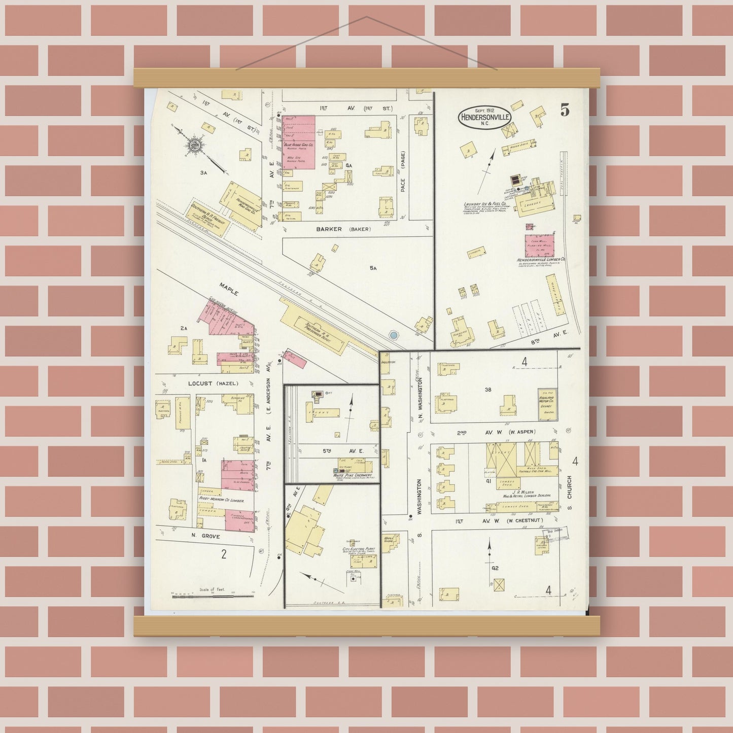 Old map wall art mockup — magnetic wood frame on brick wall — Sanborn Fire Insurance Map from Hendersonville, Henderson County, North Carolina (1912), Sheet #0005