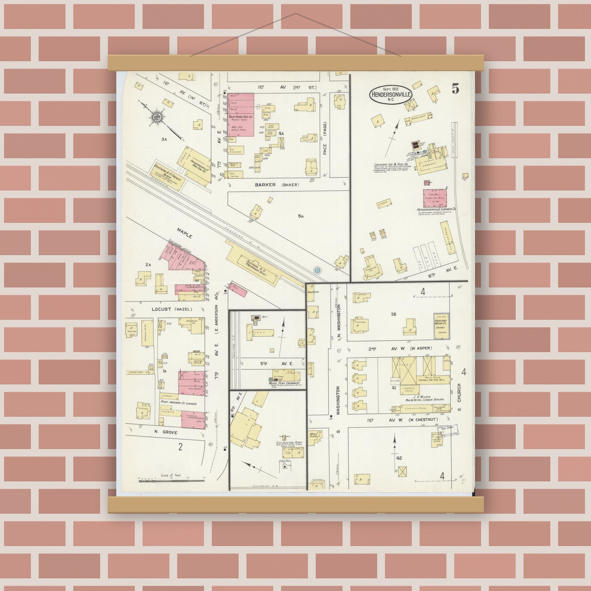 Old map wall art mockup — magnetic wood frame on brick wall — Sanborn Fire Insurance Map from Hendersonville, Henderson County, North Carolina (1912), Sheet #0005