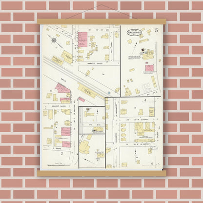 Old map wall art mockup — magnetic wood frame on brick wall — Sanborn Fire Insurance Map from Hendersonville, Henderson County, North Carolina (1912), Sheet #0005