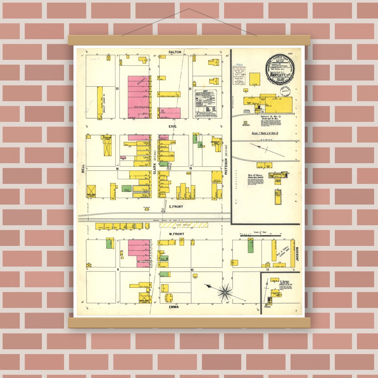Old map wall art mockup — magnetic wood frame on brick wall — Sanborn Fire Insurance Map from Bartlett, Bell and Williamson Counties, Texas (1900), Sheet #0001