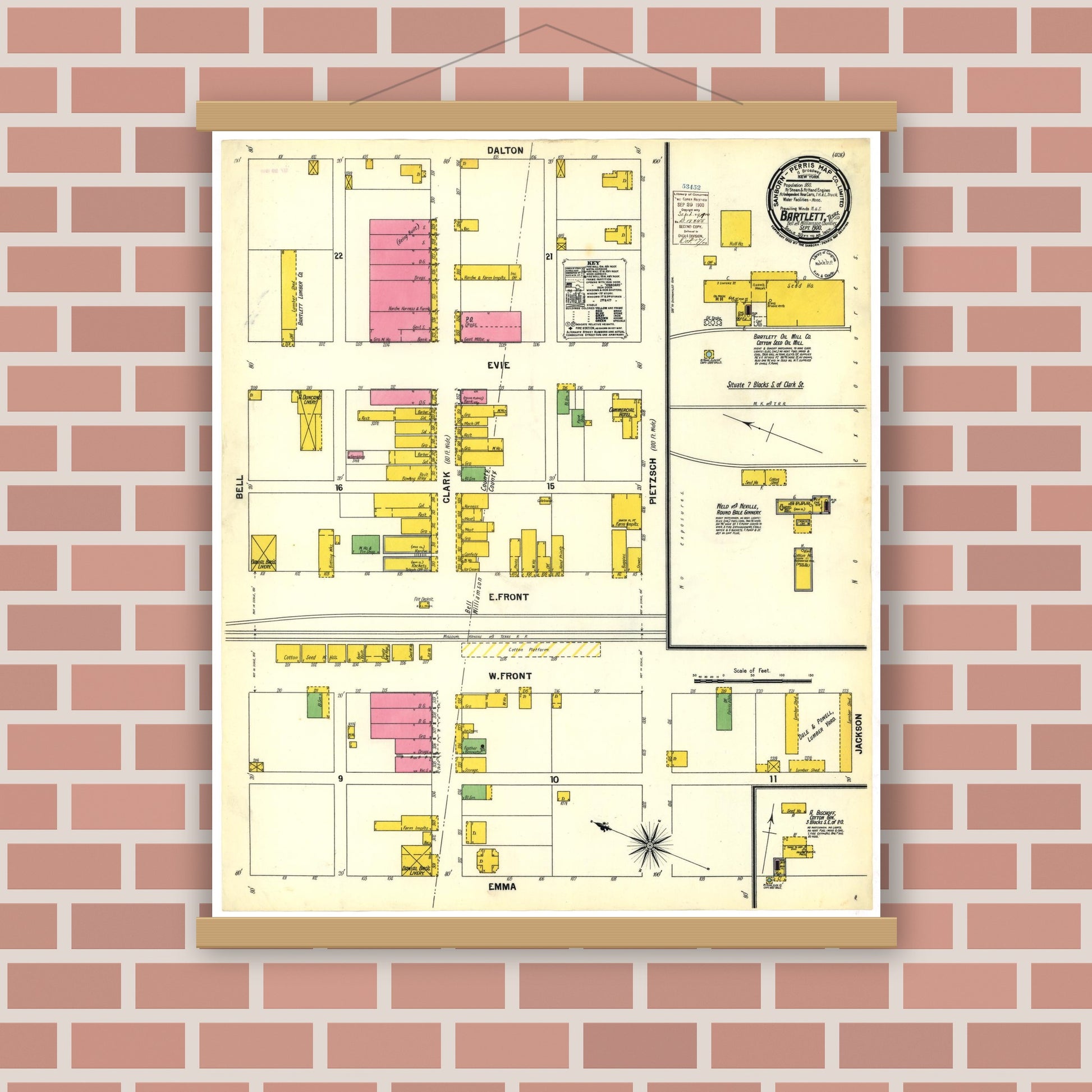 Old map wall art mockup — magnetic wood frame on brick wall — Sanborn Fire Insurance Map from Bartlett, Bell and Williamson Counties, Texas (1900), Sheet #0001
