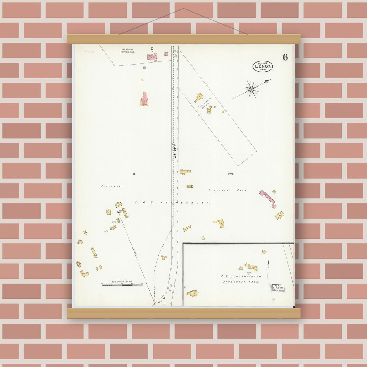 Old map wall art mockup — magnetic wood frame on brick wall — Sanborn Fire Insurance Map from Lenox, Berkshire County, Massachusetts (1905), Sheet #0006