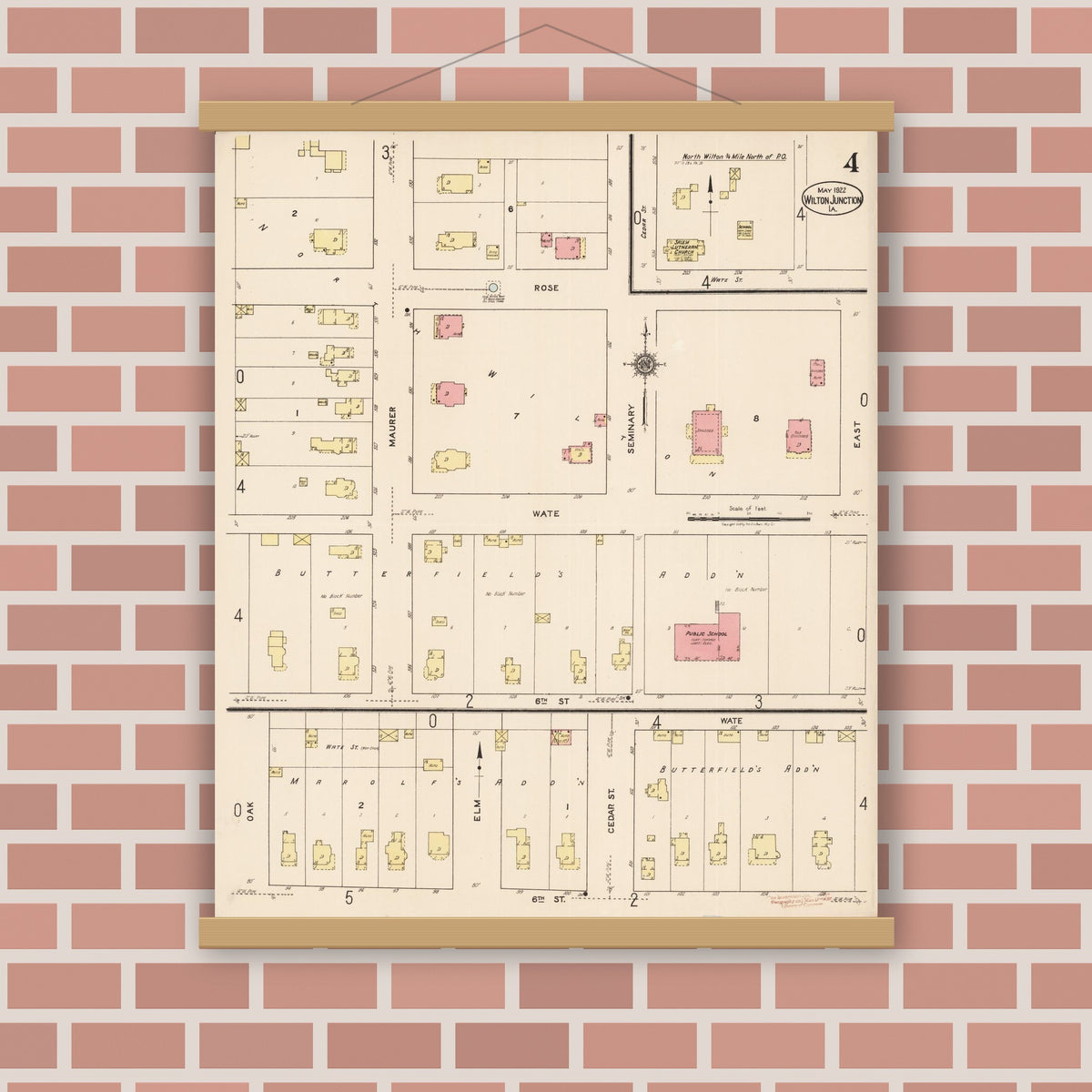 Old map wall art mockup — magnetic wood frame on brick wall — Sanborn Fire Insurance Map from Wilton Junction, Muscatine County, Iowa (1922), Sheet #0004