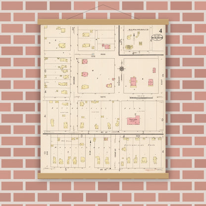 Old map wall art mockup — magnetic wood frame on brick wall — Sanborn Fire Insurance Map from Wilton Junction, Muscatine County, Iowa (1922), Sheet #0004