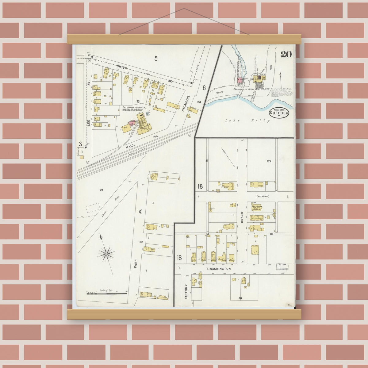 Old map wall art mockup — magnetic wood frame on brick wall — Sanborn Fire Insurance Map from Suffolk, Independent Cities, Virginia (1898), Sheet #0020