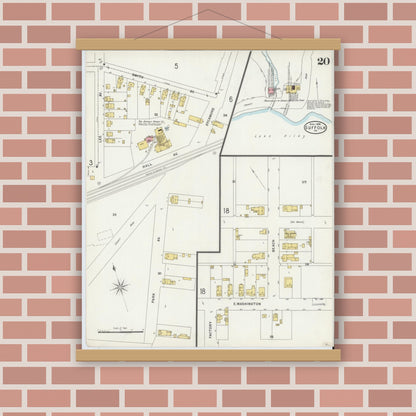 Old map wall art mockup — magnetic wood frame on brick wall — Sanborn Fire Insurance Map from Suffolk, Independent Cities, Virginia (1898), Sheet #0020