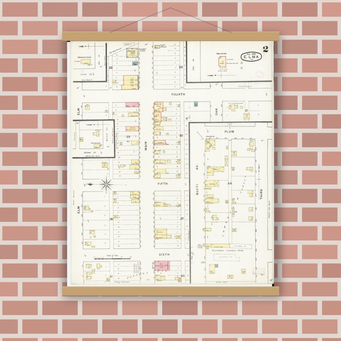 Old map wall art mockup — magnetic wood frame on brick wall — Sanborn Fire Insurance Map from Elma, Howard County, Iowa (1894), Sheet #0002