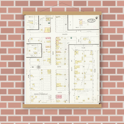 Old map wall art mockup — magnetic wood frame on brick wall — Sanborn Fire Insurance Map from Elma, Howard County, Iowa (1894), Sheet #0002