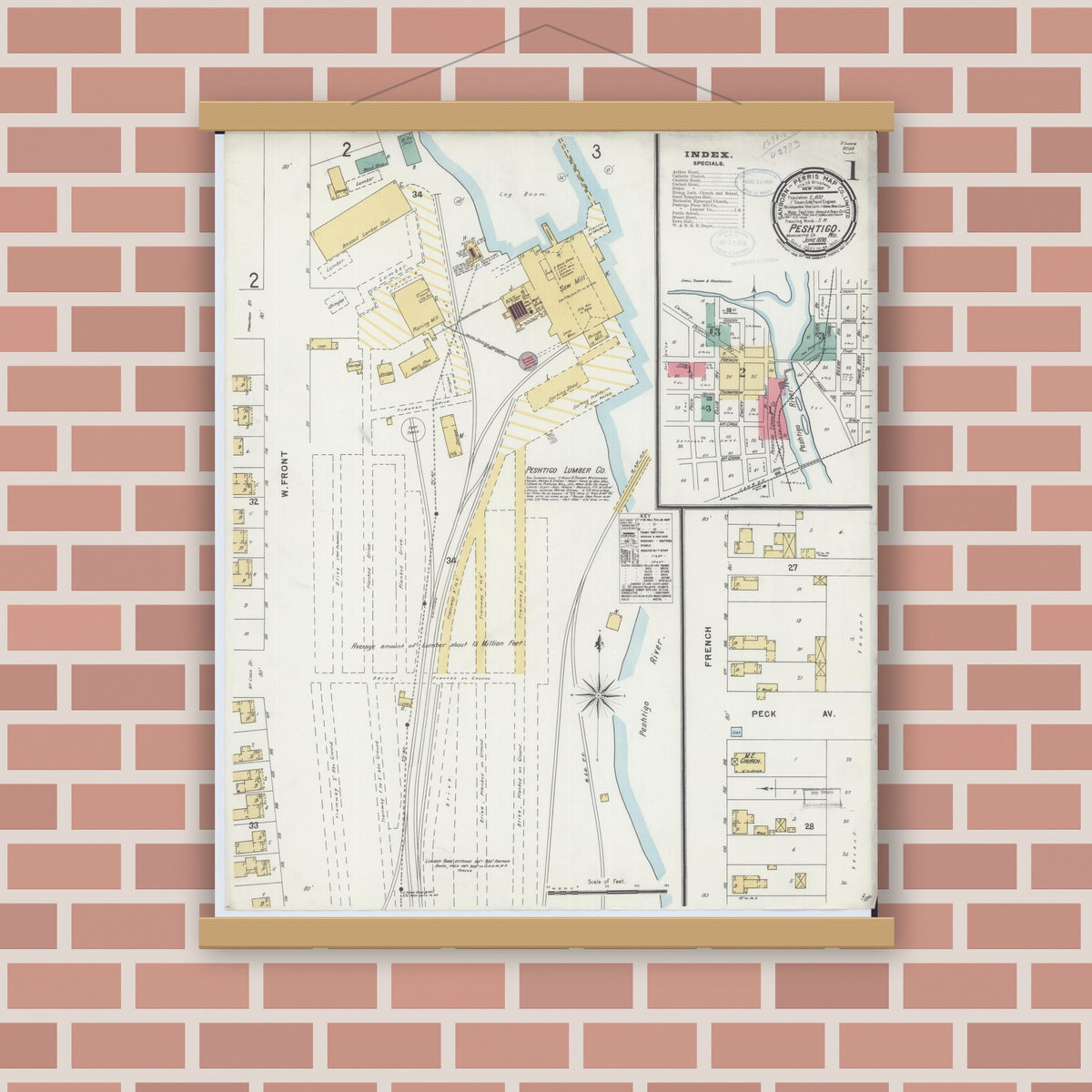 Old map wall art mockup — magnetic wood frame on brick wall — Sanborn Fire Insurance Map from Peshtigo, Marinette County, Wisconsin (1898), Sheet #0001