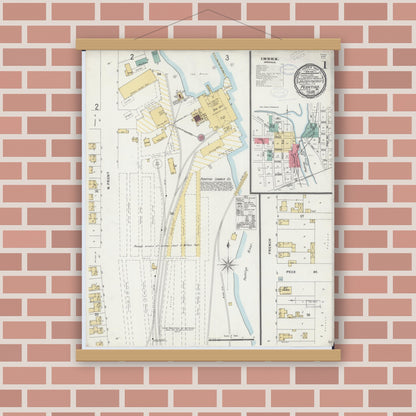 Old map wall art mockup — magnetic wood frame on brick wall — Sanborn Fire Insurance Map from Peshtigo, Marinette County, Wisconsin (1898), Sheet #0001