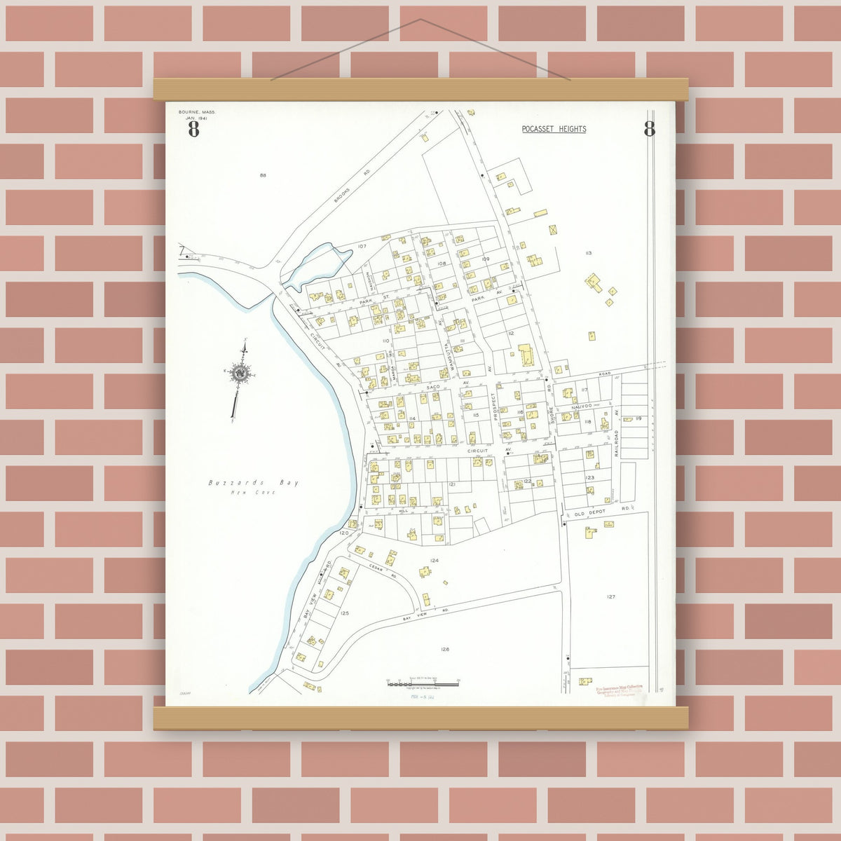 Old map wall art mockup — magnetic wood frame on brick wall — Sanborn Fire Insurance Map from Bourne, Barnstable County, Massachusetts (1941), Sheet #0008