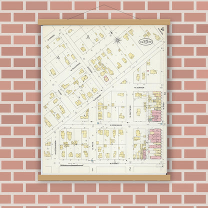 Old map wall art mockup — magnetic wood frame on brick wall — Sanborn Fire Insurance Map from Harvard, McHenry County, Illinois (1897), Sheet #0004