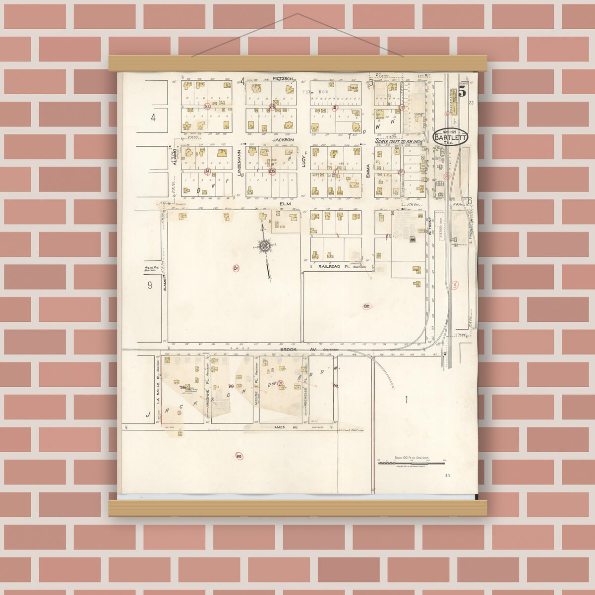 Old map wall art mockup — magnetic wood frame on brick wall — Sanborn Fire Insurance Map from Bartlett, Bell and Williamson Counties, Texas (1940), Sheet #0005