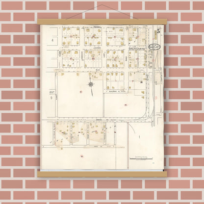 Old map wall art mockup — magnetic wood frame on brick wall — Sanborn Fire Insurance Map from Bartlett, Bell and Williamson Counties, Texas (1940), Sheet #0005