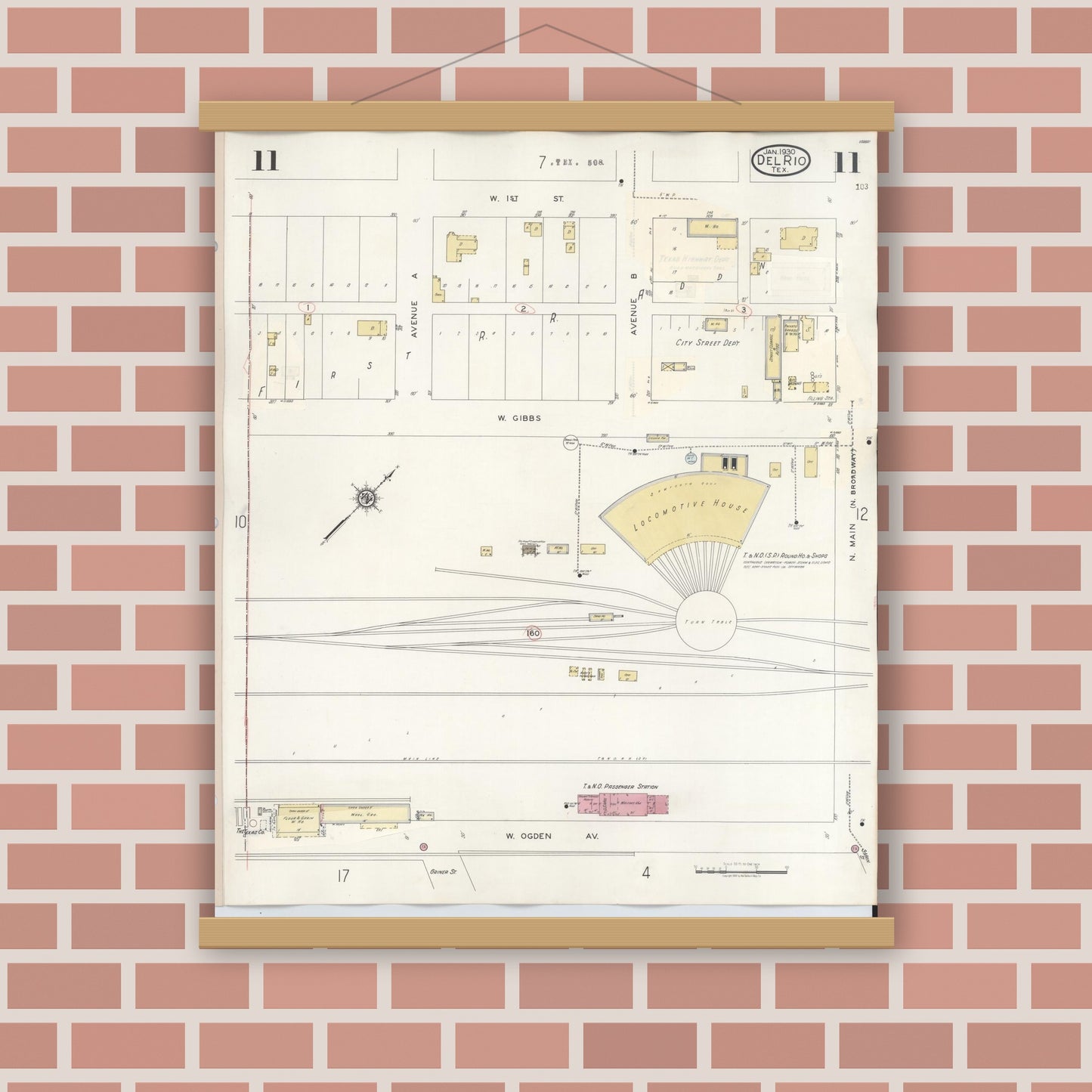 Old map wall art mockup — magnetic wood frame on brick wall — Sanborn Fire Insurance Map from Del Rio, Val Verde County, Texas (1948), Sheet #0011