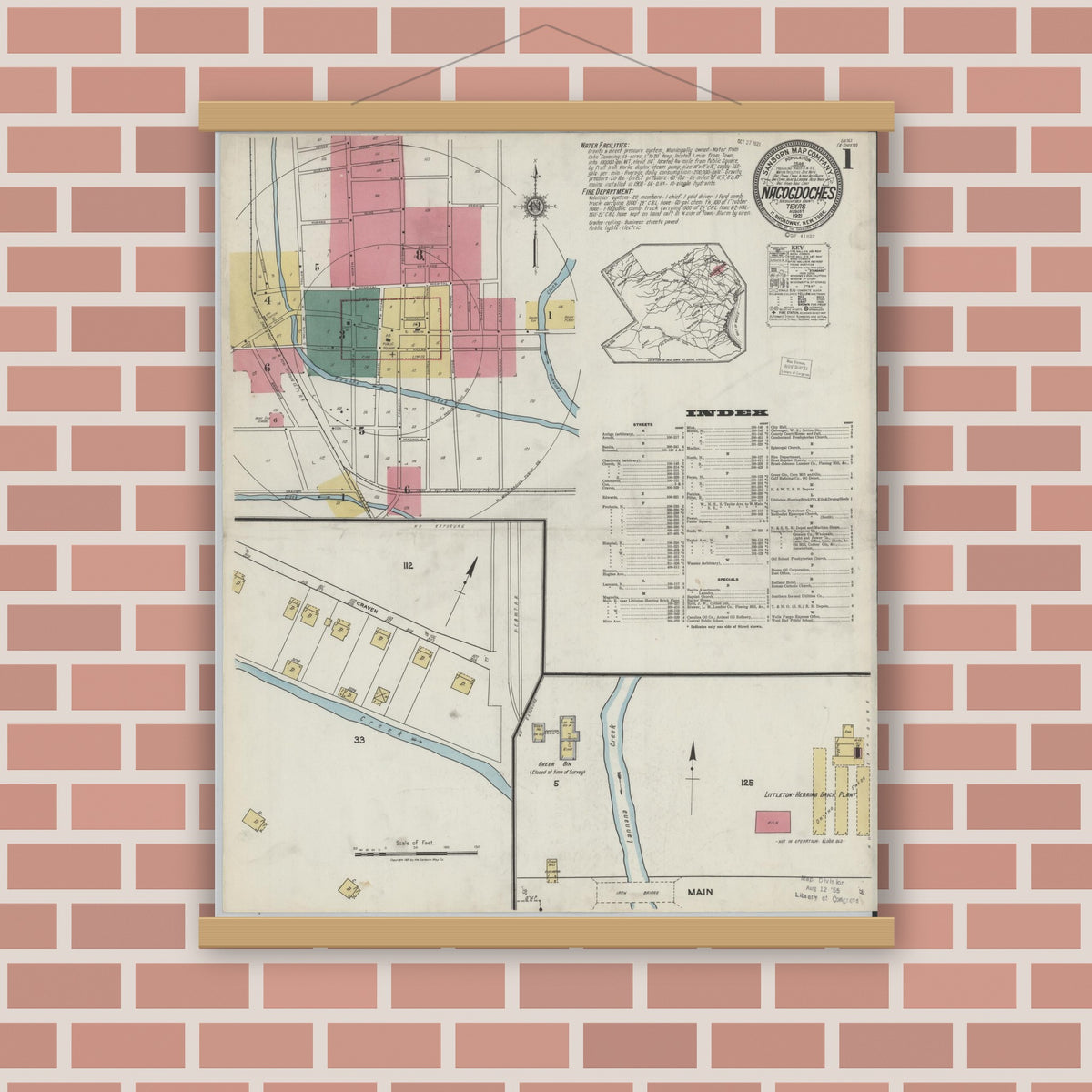 Old map wall art mockup — magnetic wood frame on brick wall — Sanborn Fire Insurance Map from Nacogdoches, Nacogdoches County, Texas (1921) - Complete Map Set