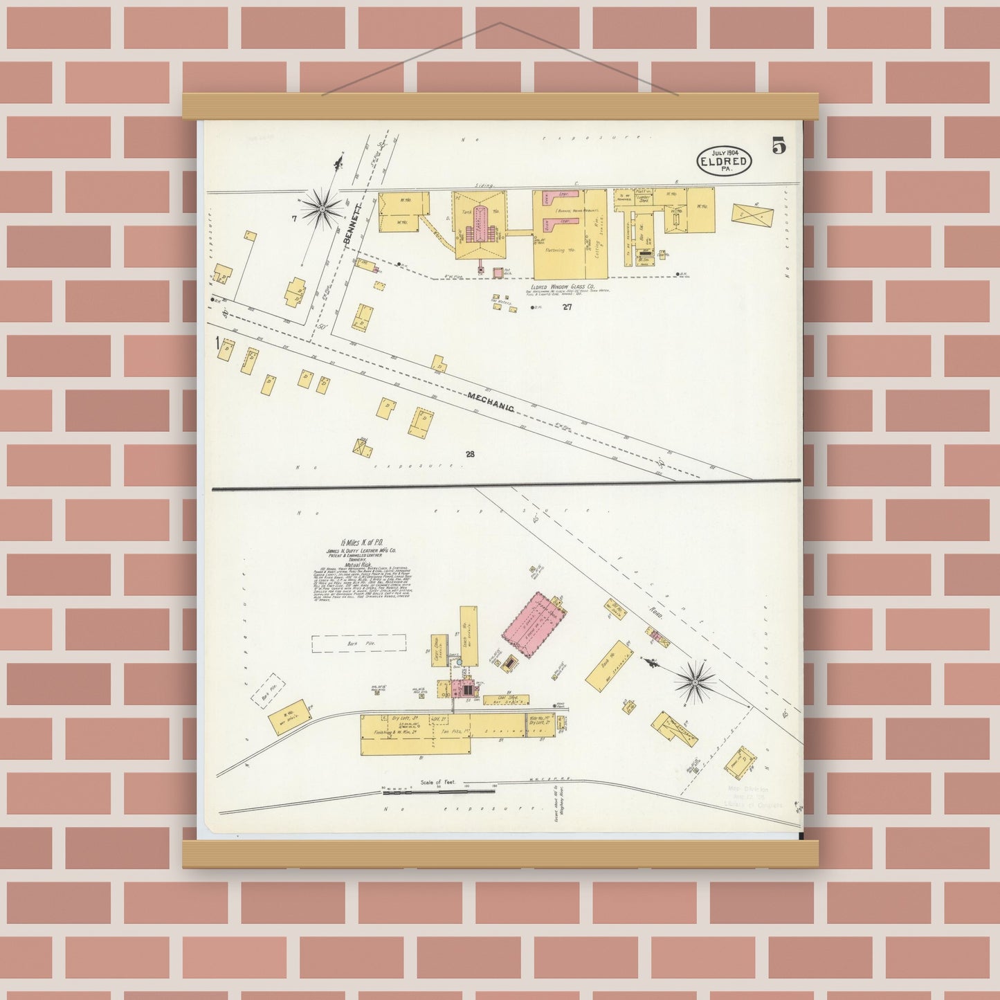 Old map wall art mockup — magnetic wood frame on brick wall — Sanborn Fire Insurance Map from Eldred, McKean County, Pennsylvania (1904), Sheet #0005
