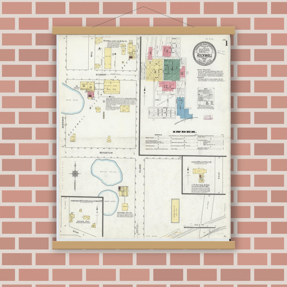 Old map wall art mockup — magnetic wood frame on brick wall — Sanborn Fire Insurance Map from Rockwall, Rockwall County, Texas (1911) - Complete Map Set