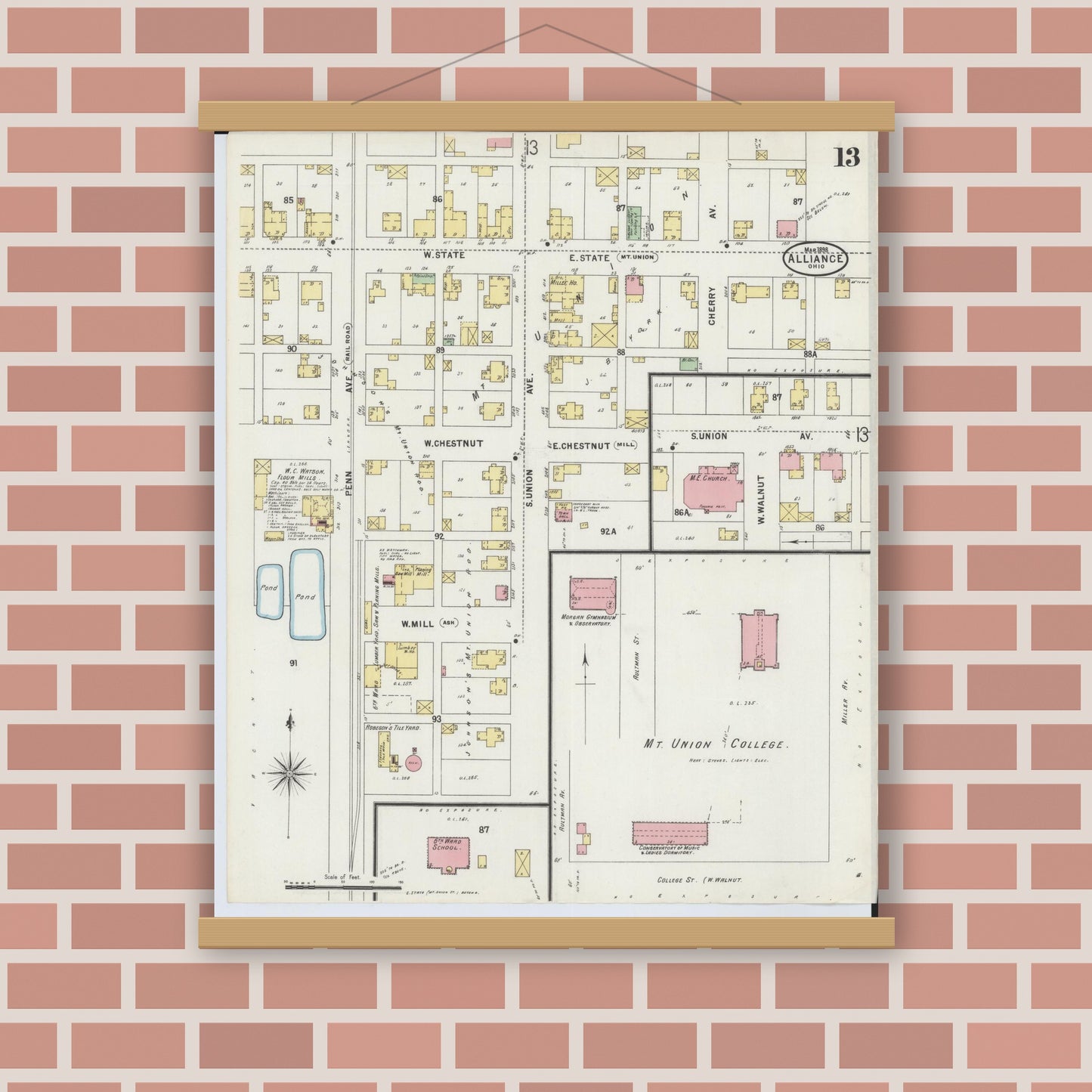 Old map wall art mockup — magnetic wood frame on brick wall — Sanborn Fire Insurance Map from Alliance, Stark County, Ohio (1898), Sheet #0013
