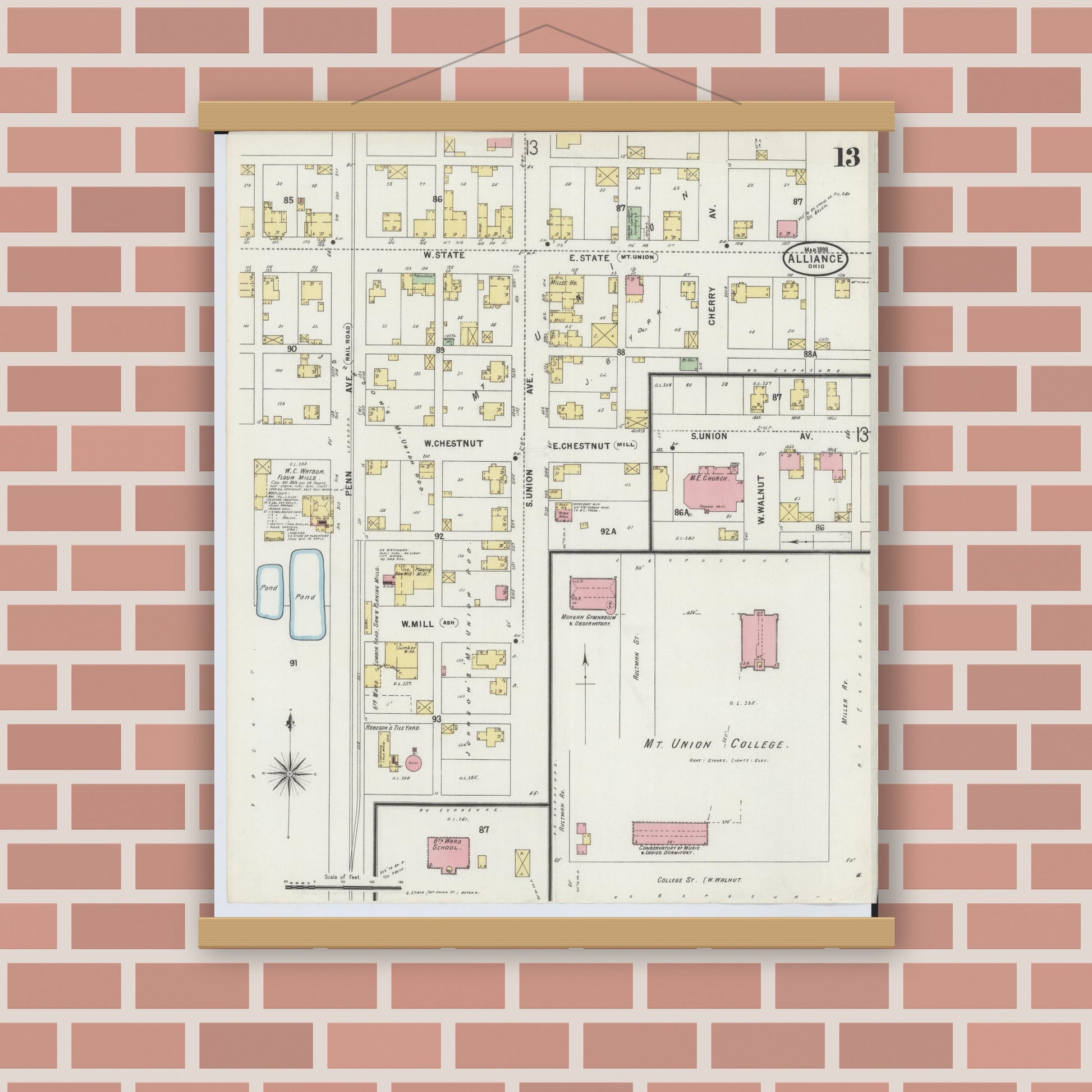 Old map wall art mockup — magnetic wood frame on brick wall — Sanborn Fire Insurance Map from Alliance, Stark County, Ohio (1898), Sheet #0013