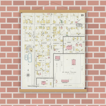 Old map wall art mockup — magnetic wood frame on brick wall — Sanborn Fire Insurance Map from Alliance, Stark County, Ohio (1898), Sheet #0013