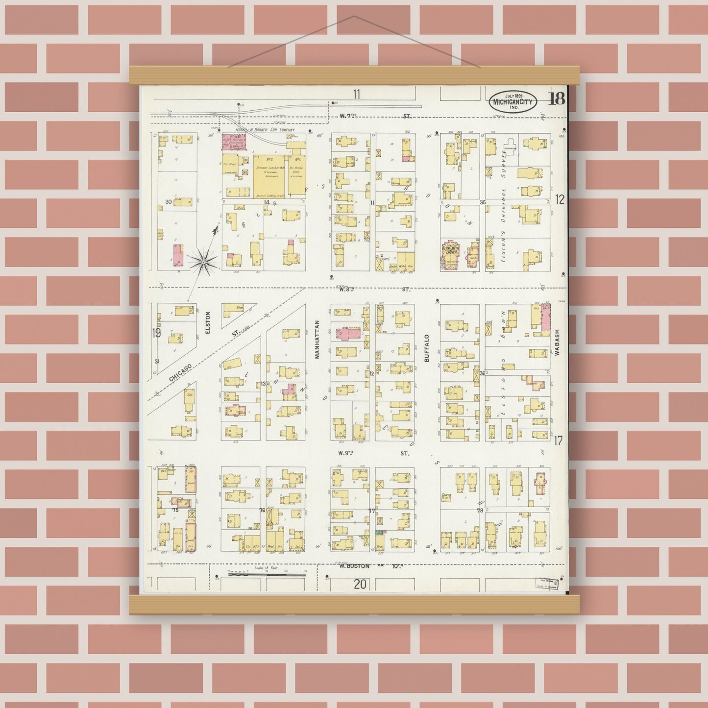 Old map wall art mockup — magnetic wood frame on brick wall — Sanborn Fire Insurance Map from Michigan City, La Porte County, Indiana (1899), Sheet #0018