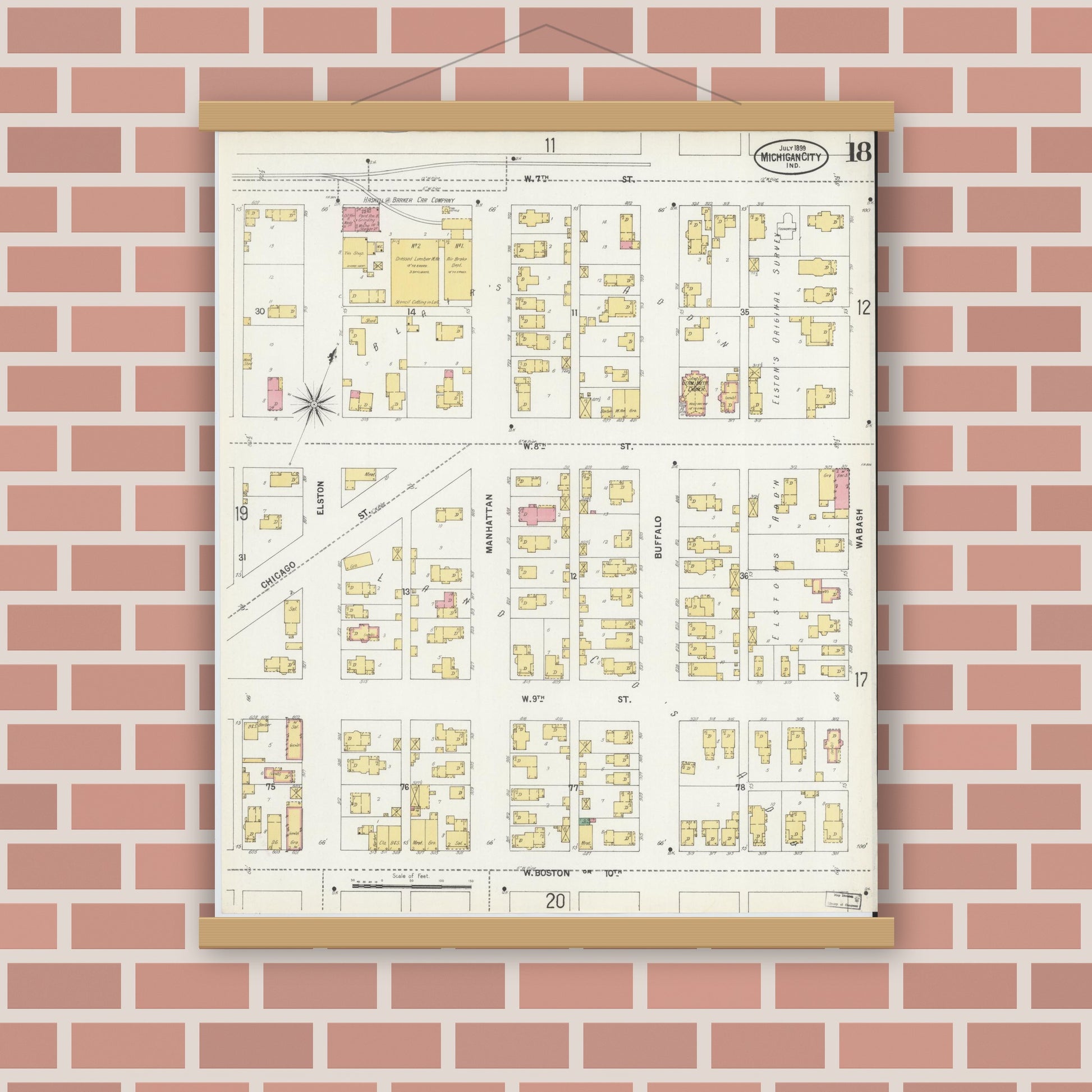 Old map wall art mockup — magnetic wood frame on brick wall — Sanborn Fire Insurance Map from Michigan City, La Porte County, Indiana (1899), Sheet #0018