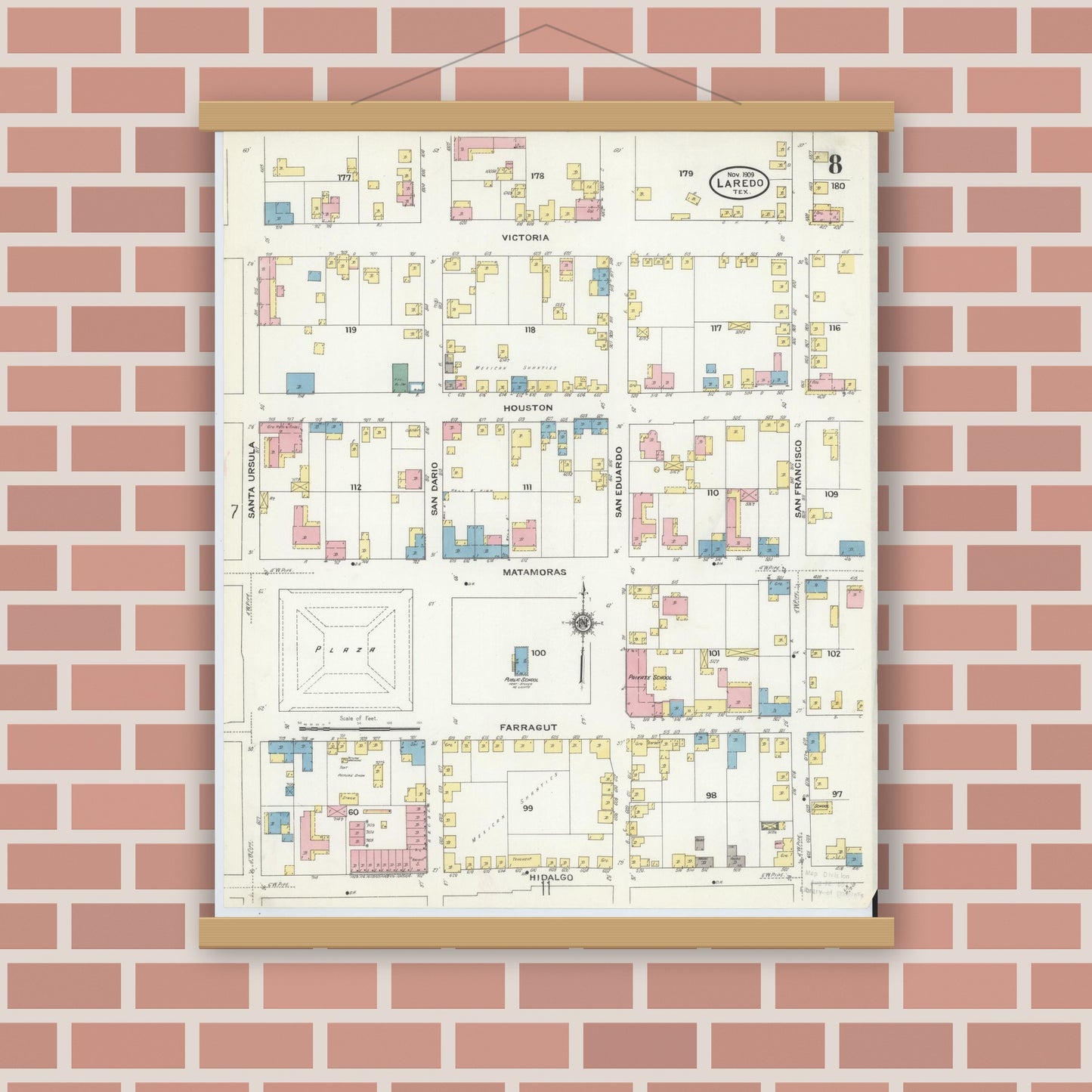Old map wall art mockup — magnetic wood frame on brick wall — Sanborn Fire Insurance Map from Laredo, Webb County, Texas (1909), Sheet #0008