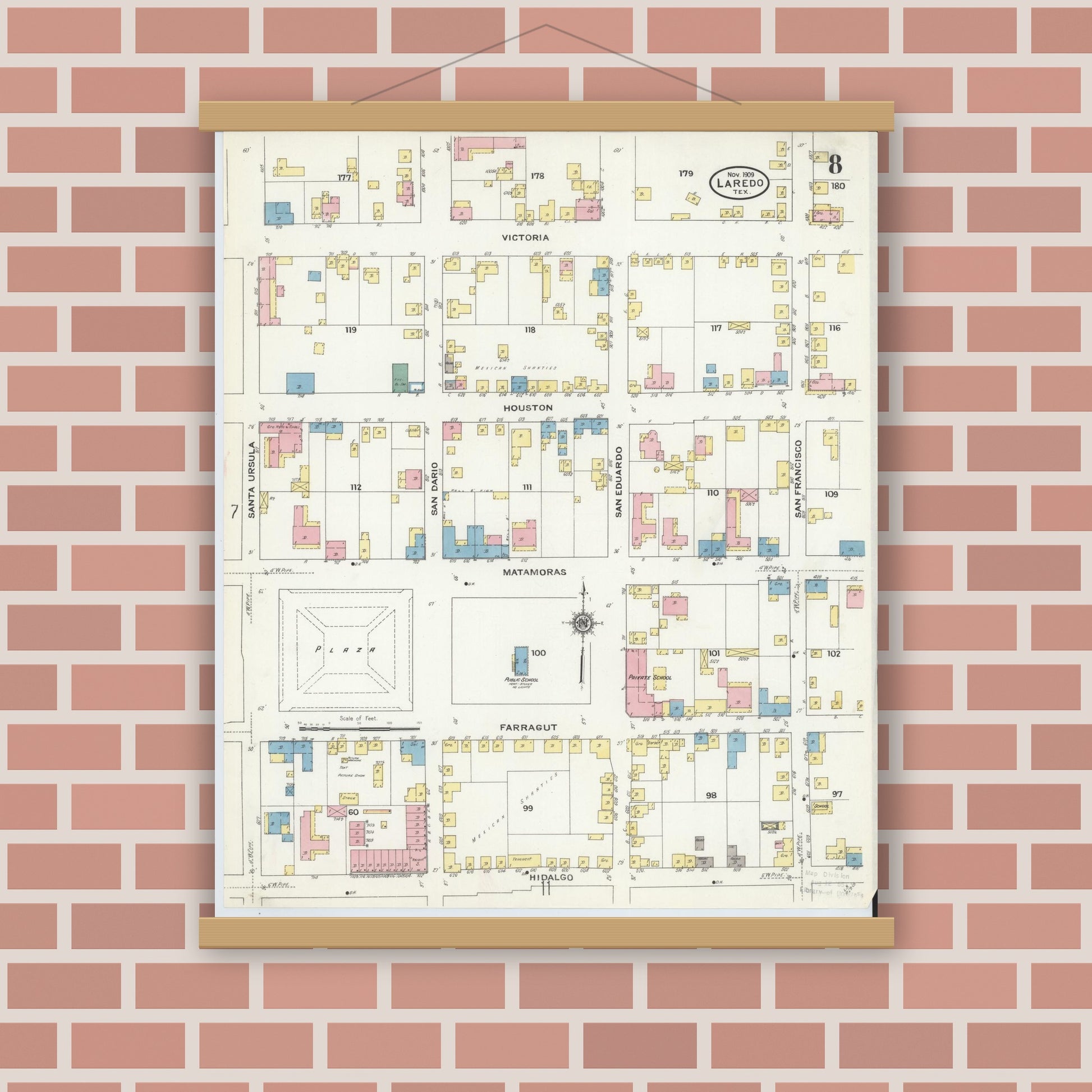 Old map wall art mockup — magnetic wood frame on brick wall — Sanborn Fire Insurance Map from Laredo, Webb County, Texas (1909), Sheet #0008
