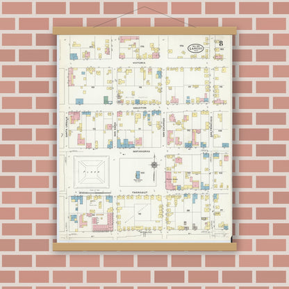 Old map wall art mockup — magnetic wood frame on brick wall — Sanborn Fire Insurance Map from Laredo, Webb County, Texas (1909), Sheet #0008