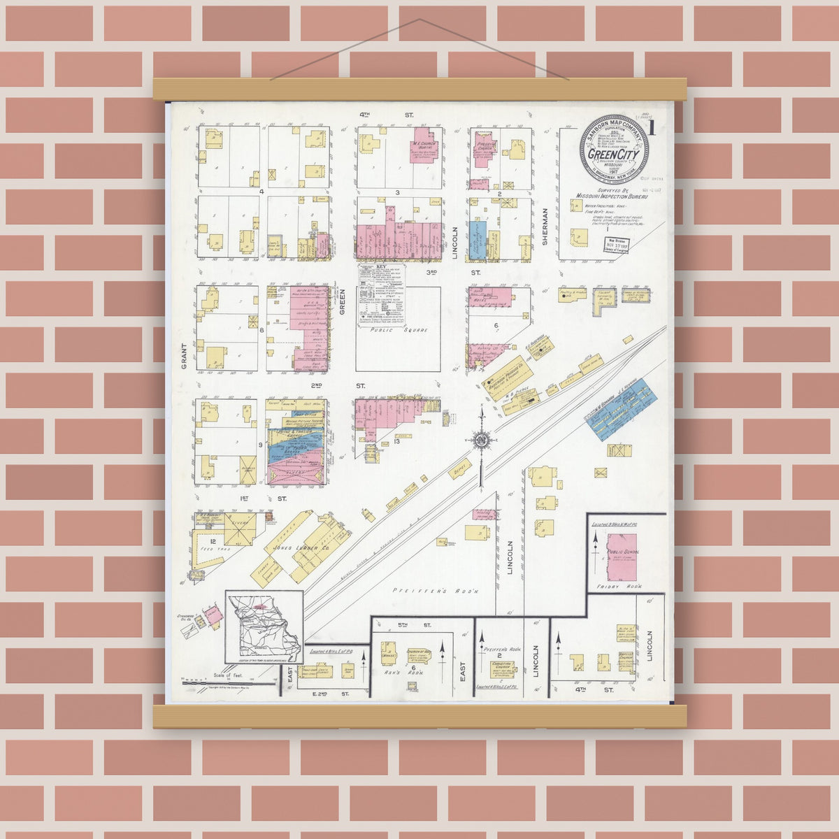 Old map wall art mockup — magnetic wood frame on brick wall — Sanborn Fire Insurance Map from Green City, Sullivan County, Missouri (1917), Sheet #0001