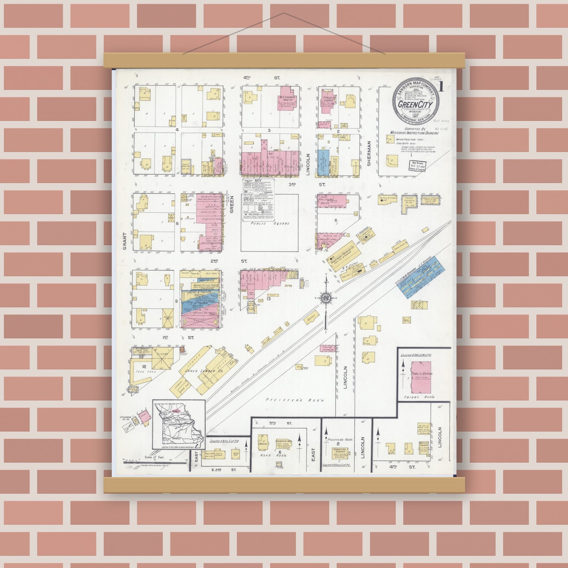 Old map wall art mockup — magnetic wood frame on brick wall — Sanborn Fire Insurance Map from Green City, Sullivan County, Missouri (1917), Sheet #0001