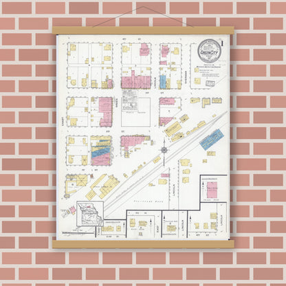 Old map wall art mockup — magnetic wood frame on brick wall — Sanborn Fire Insurance Map from Green City, Sullivan County, Missouri (1917), Sheet #0001
