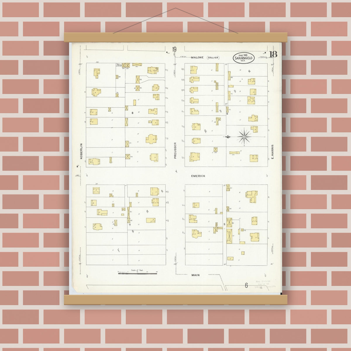 Old map wall art mockup — magnetic wood frame on brick wall — Sanborn Fire Insurance Map from San Angelo, Tom Green County, Texas (1908), Sheet #0018