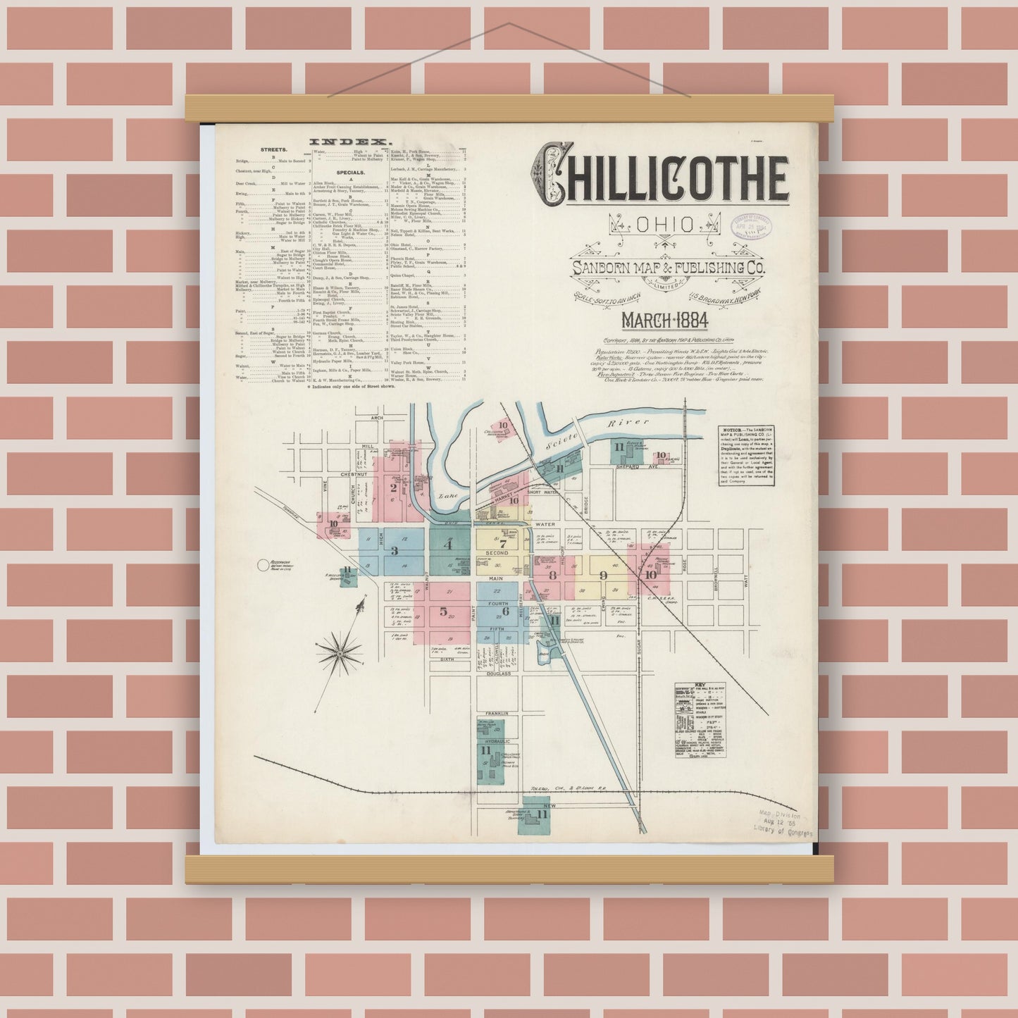 Old map wall art mockup — magnetic wood frame on brick wall — Sanborn Fire Insurance Map from Chillicothe, Ross County, Ohio (1884) - Complete Map Set