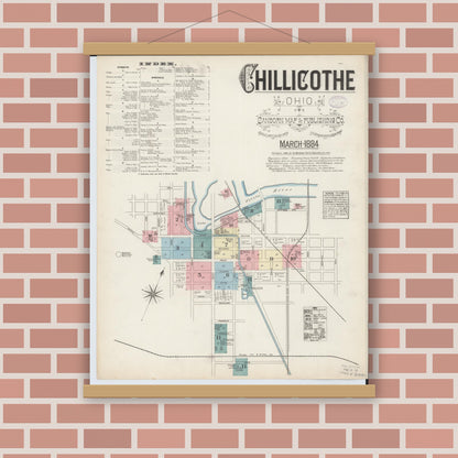 Old map wall art mockup — magnetic wood frame on brick wall — Sanborn Fire Insurance Map from Chillicothe, Ross County, Ohio (1884) - Complete Map Set