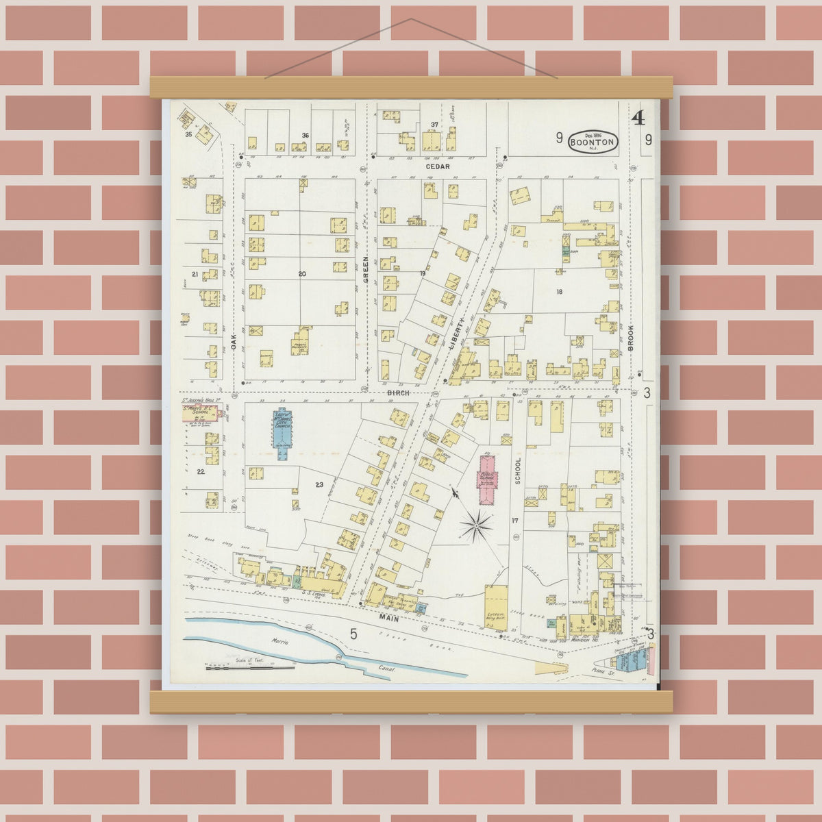 Old map wall art mockup — magnetic wood frame on brick wall — Sanborn Fire Insurance Map from Boonton, Morris County, New Jersey (1896), Sheet #0004