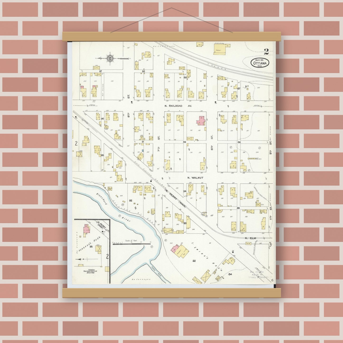 Old map wall art mockup — magnetic wood frame on brick wall — Sanborn Fire Insurance Map from Ottawa, Putnam County, Ohio (1911), Sheet #0002