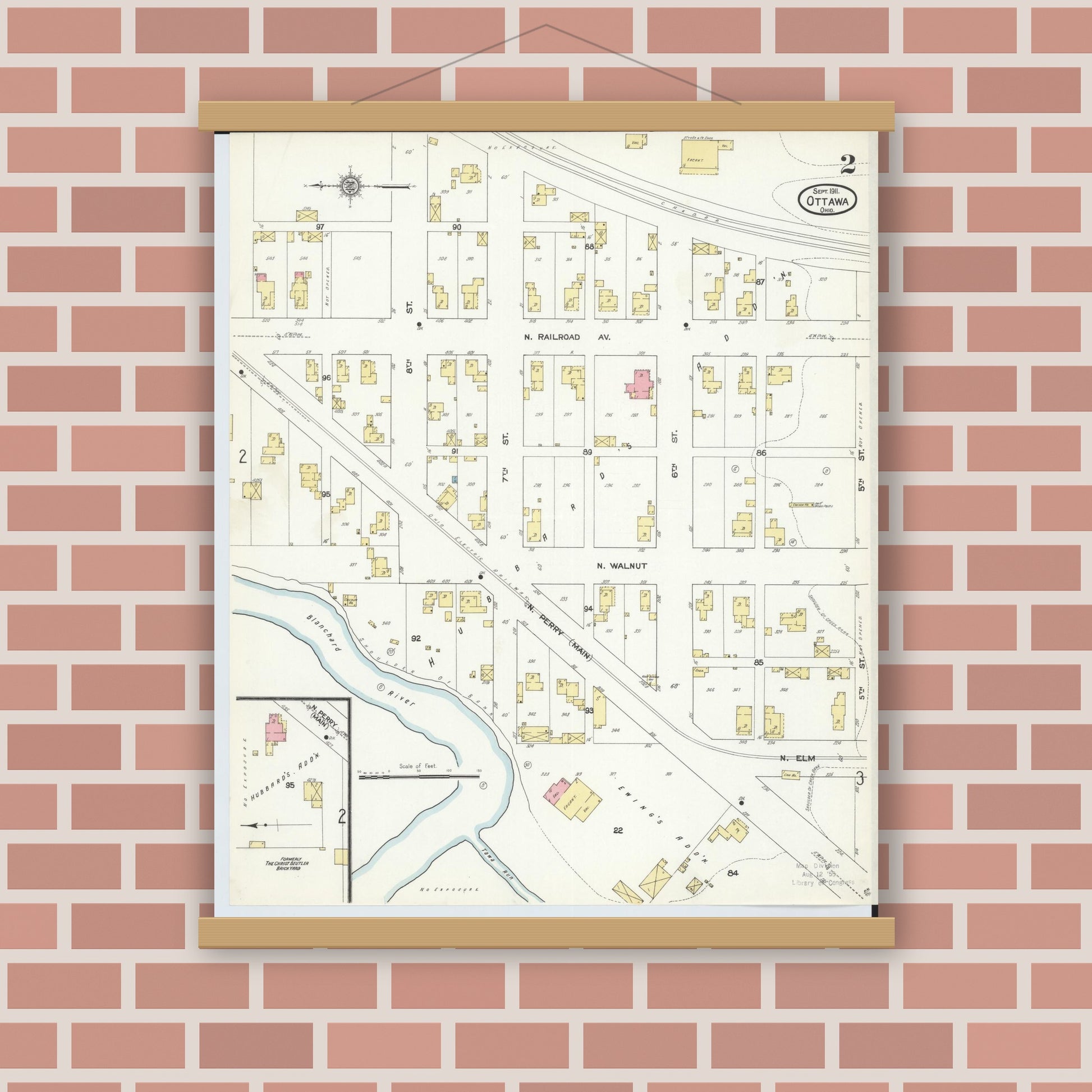 Old map wall art mockup — magnetic wood frame on brick wall — Sanborn Fire Insurance Map from Ottawa, Putnam County, Ohio (1911), Sheet #0002
